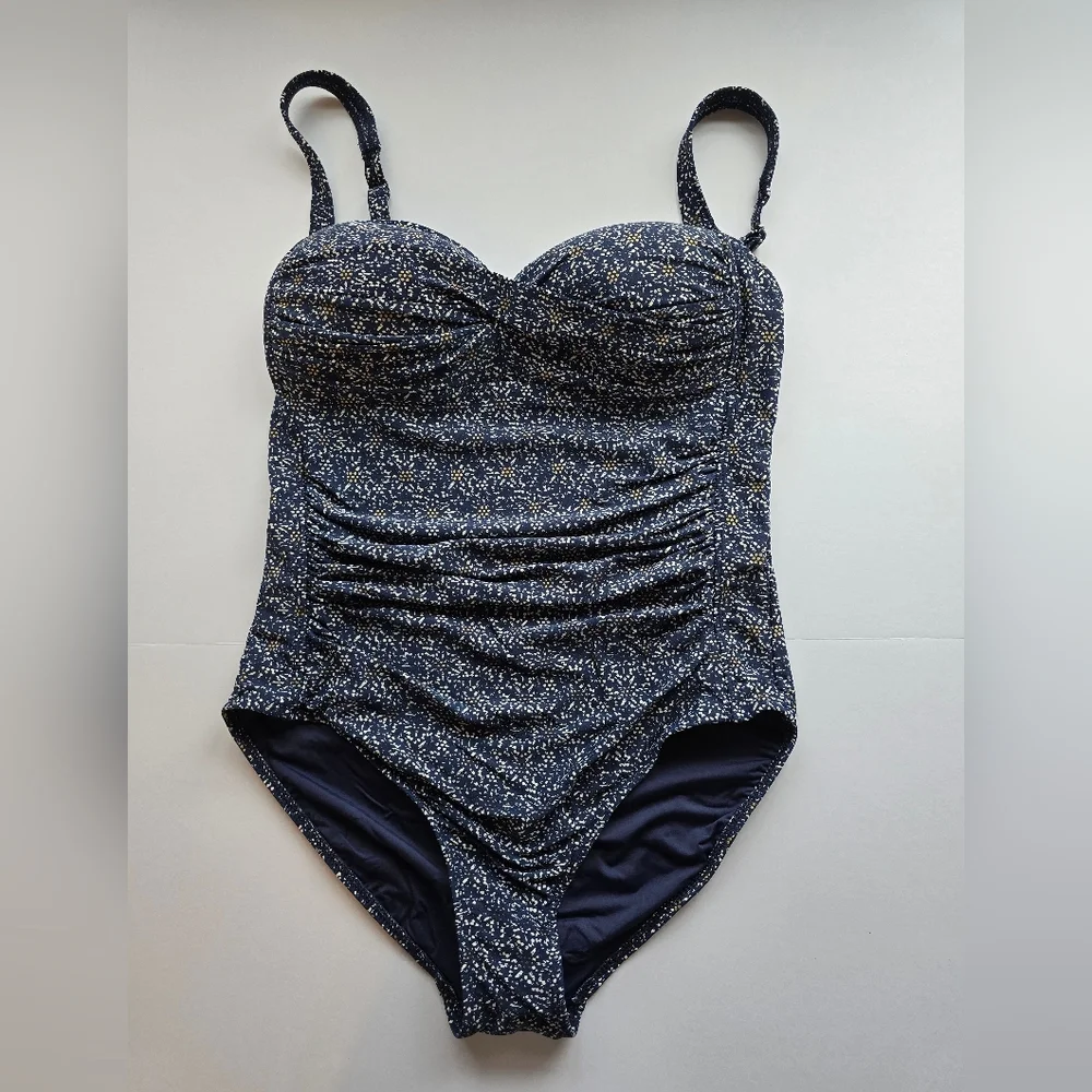 Niptuck Size 10 Navy Blue and White Swimsuit With Gold Flowers Slimming Cruise - Picture 3 of 7